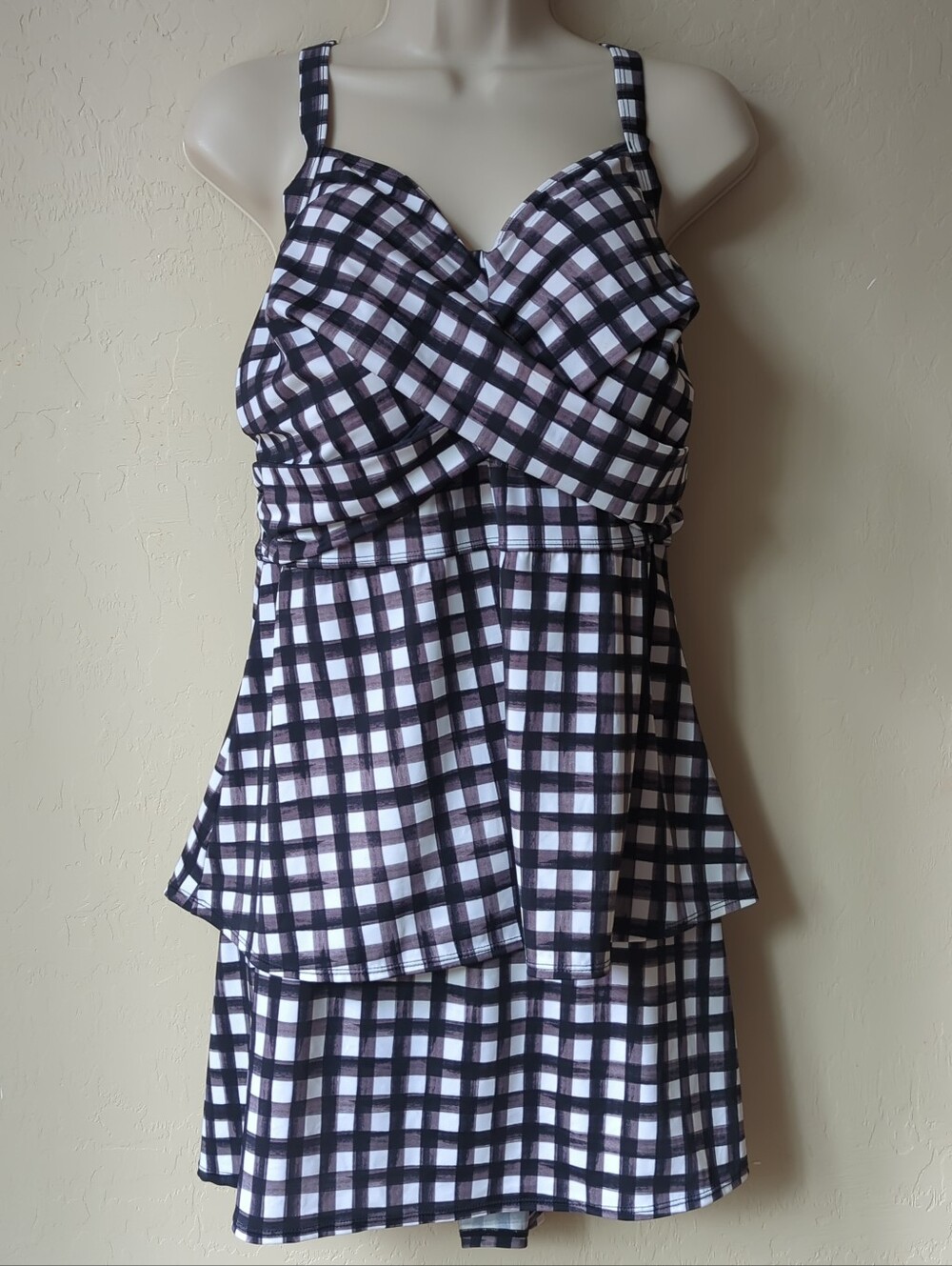 Denim & Co Beach Twist Front Tankini Skirt Plus Sz 18W Blk White Checks 2pcs